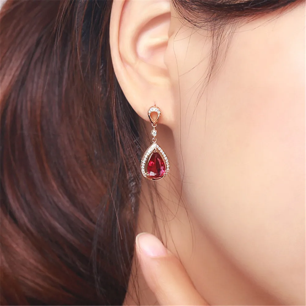 18K Rose Goud Kleur Ruby Edelstenen Zirkoon Diamond Dangle Drop Oorbellen Voor Vrouwen Luxe Sieraden Party Bijoux Crystal Pendientes