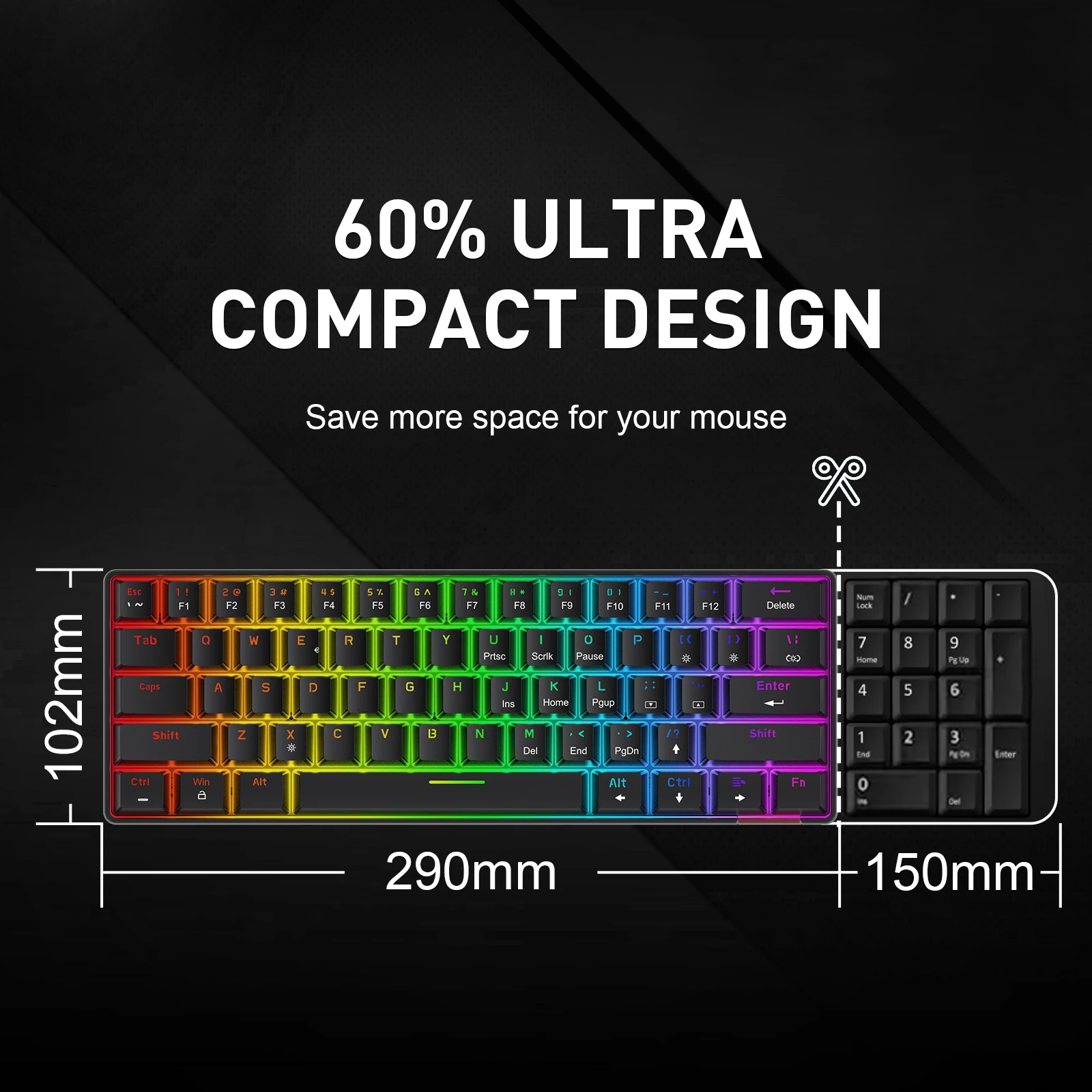 Havit Mini Mechanical Keyboard Gaming Wired Type-C USB 63 Keys  Led Backlit Keyboard Red Switch ES Version for PC Laptop Gamer