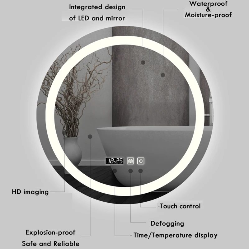 Imagem -05 - Espelho Esperto Redondo do Banheiro da Composição Cores Ajustável Diodo Emissor de Luz Multi-função com Orador Demist Bluetooth 50cm 60cm
