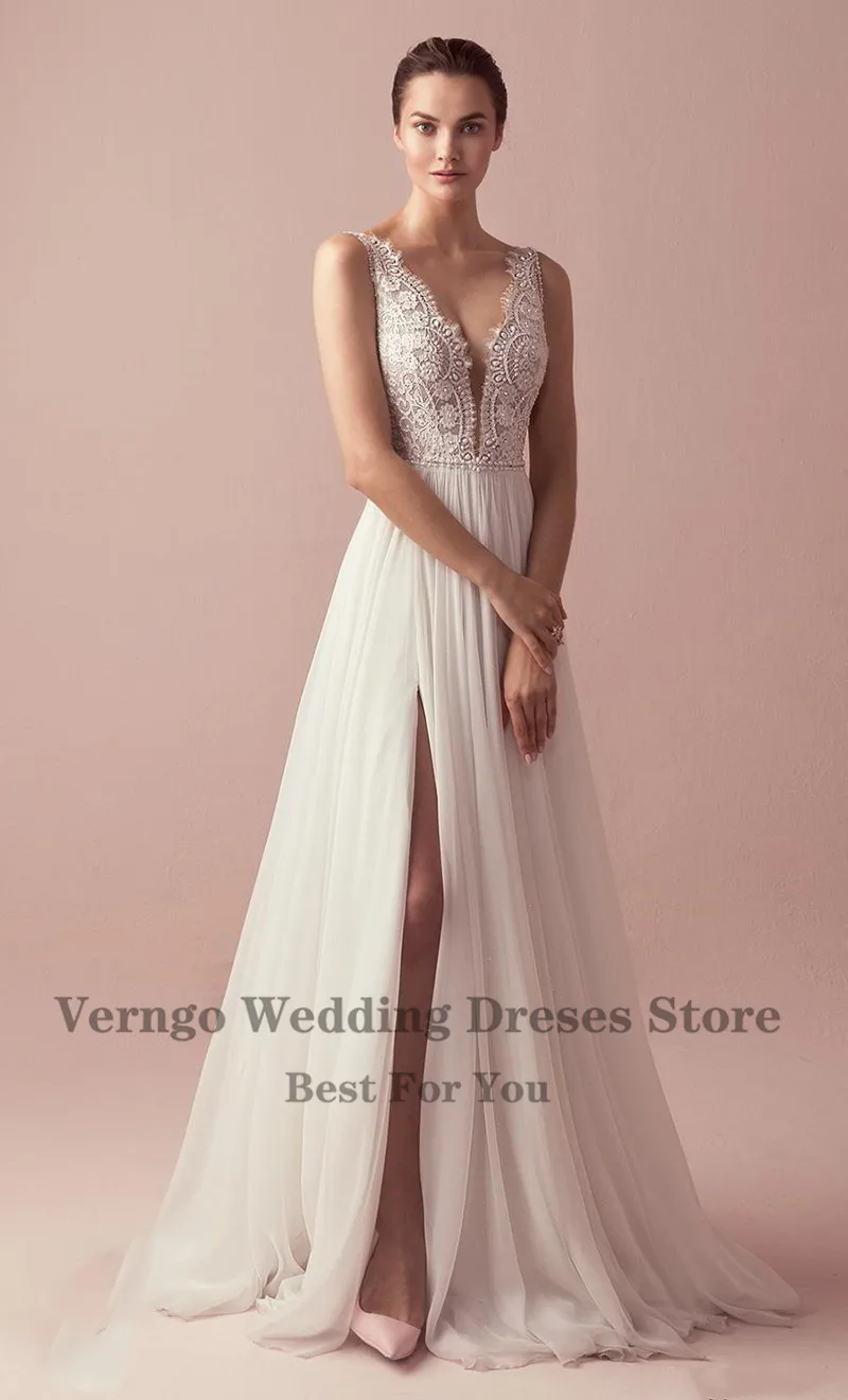 Verngo Boho Wedding Dress Lace A line Beach Wedding Gowns V-neck Elegant Bride Dress Side Slit Robe De Mariee