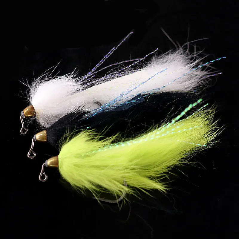 3PCS 그린 블랙 화이트 콘 구리 비드 헤드베이스 파이크 스 트리머 플라이 송어 파리 낚시 플라이 미끼 1/0 애버딘 지그 후크