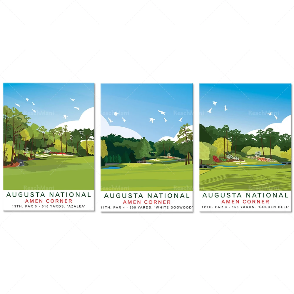 Augusta National AMEN CORNER Golf Printing Hole 11, Hole 12 and Hole 13 Travel Poster Printing Golf Art Poster