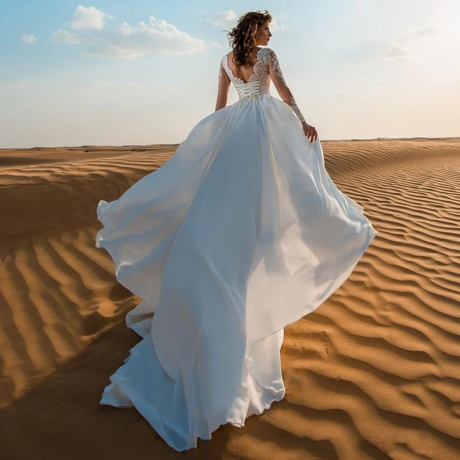 Vestidos para boda De chifón con cuello en V y manga larga, Apliques De encaje transparente, Vestido De Novia De verano