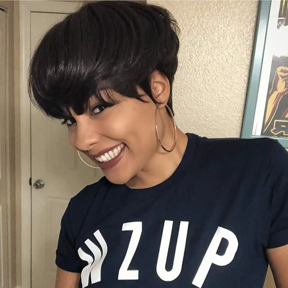 

Puromi Short Pixie Cut Wig Human Hair Wigs for Black Women Brazilian Short Non-Remy Layered Cut Wigs with Bangs 1B Color