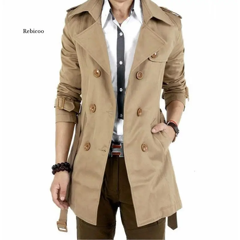 

Men's Windbreaker Jacket Vintage Black Khaki Spring Autumn Smart Business Coat Male Double Breasted Retro Classic Long Coat Men