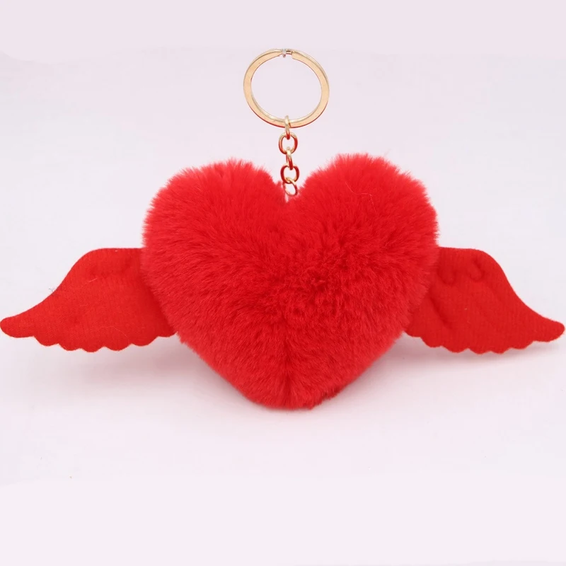 Cute Girls Fluffy Rabbit Fur Angel Wing Keychain Women Pompon Heart Fur Ball Key Ring Car Bag Pompom Trinket Jewelry Party Gift