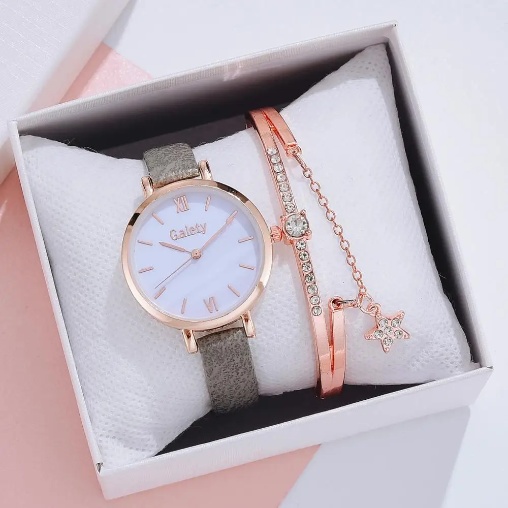 Vogue Women Watches 2PCS /Set Pretty Bracelet Dress Quartz Clock Ladies Wrist Watch Gradients Marble Dial Sports Women Watch