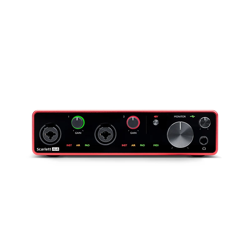 بطاقة الصوت Focusrite Scarlett 4i4 واجهة الصوت الثالثة أربعة مدخلات خطية متوازنة لتوصيل أجهزة التركيب وآلات الطبل