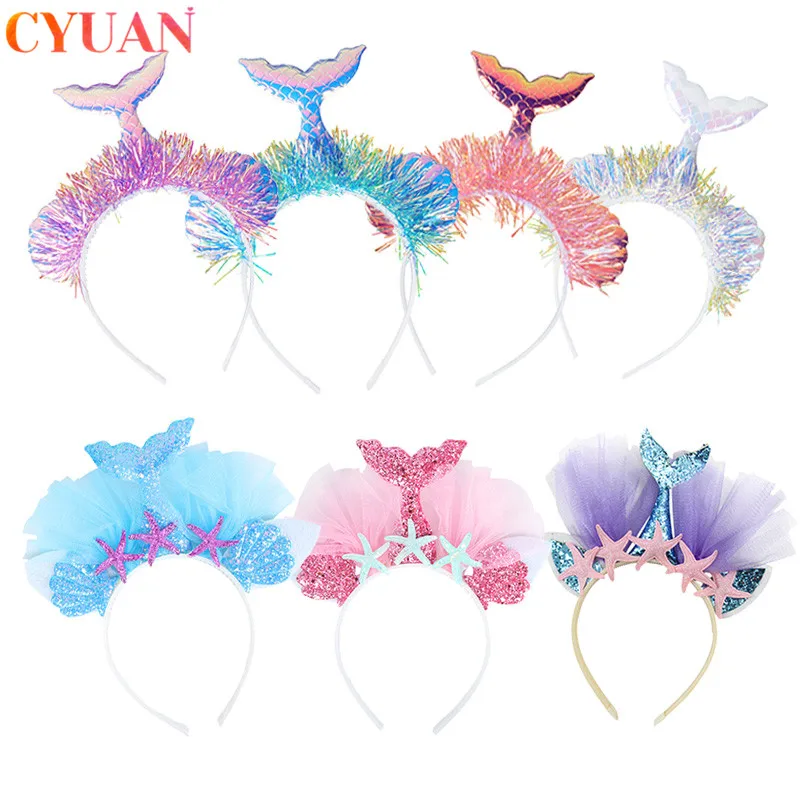 Starfish Mermaid Tail Headband Crown Mermaid Tail Hair Hoop Photo Props Girl Birthday Party Baby Shower Mermaid Hair Accessories