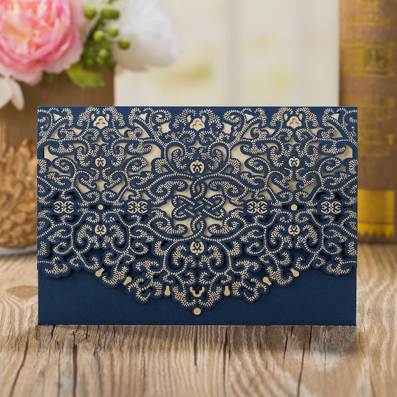 1pcs Rustic Wedding Invitations Card Navy Blue and Gold Red White Ivory Laser Cut Bride Groom Greeting invites Envelope marriage