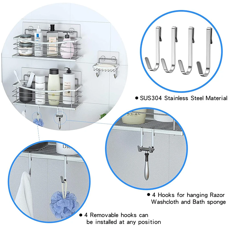 Wall-mounted Storage Rack for Bathroom, Shower Caddy, Shelf for Shampoo, Conditioner, Sponge, Razor, Soap Dish for Kitchen