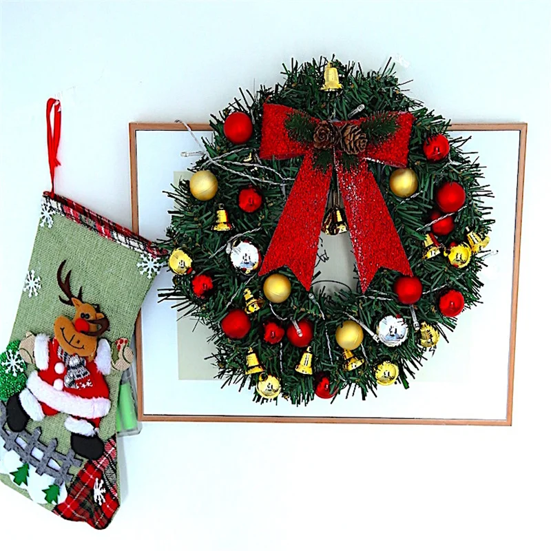 Christmas Bell Wreath Artificial Flower Vine Circle Garland Light String with Small Pine Cones for Home New Year Decoration