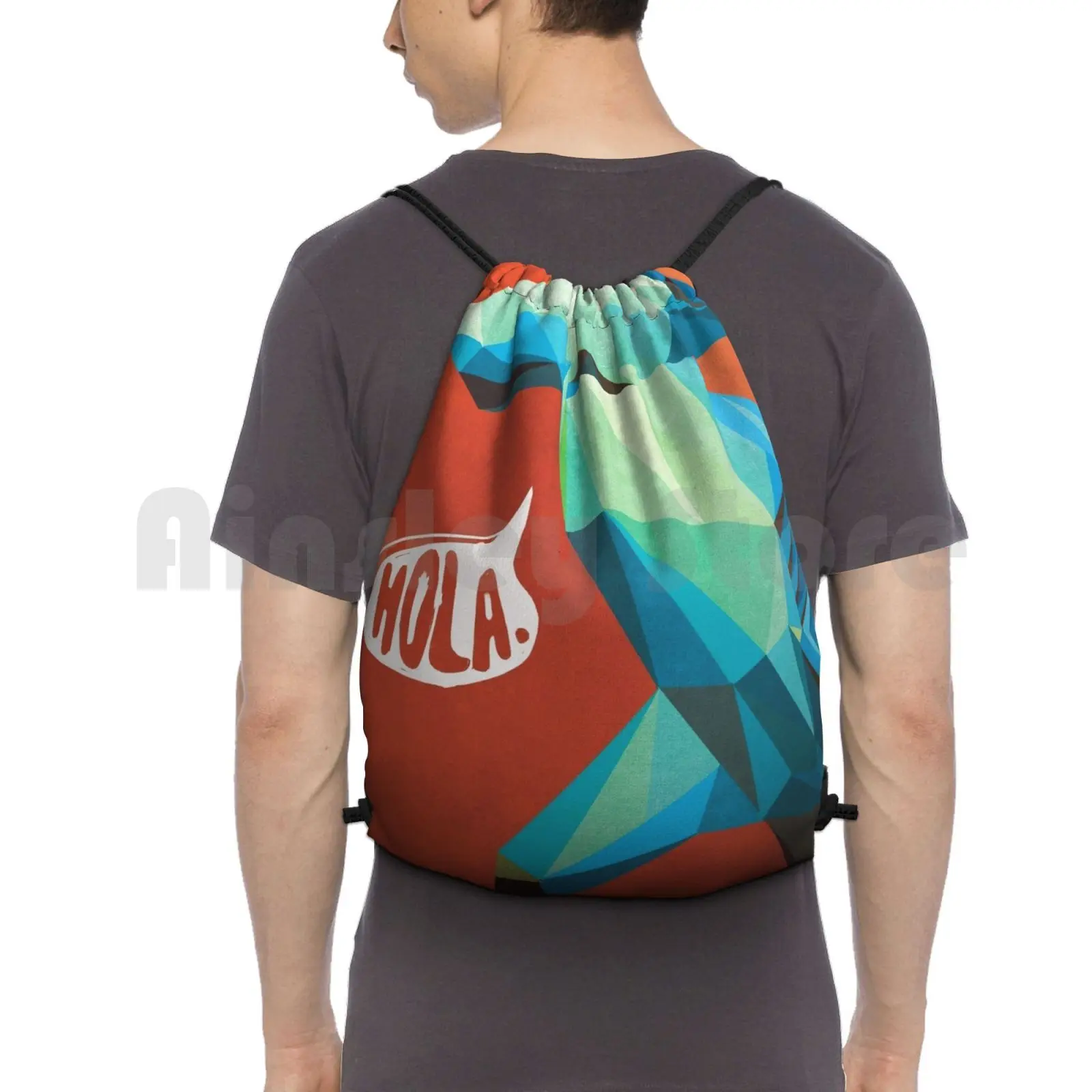 Hola. Backpack Drawstring Bags Gym Bag Waterproof Ocean Sea Hammerhead Shark Geometric Bright Mexican Spanish Creature