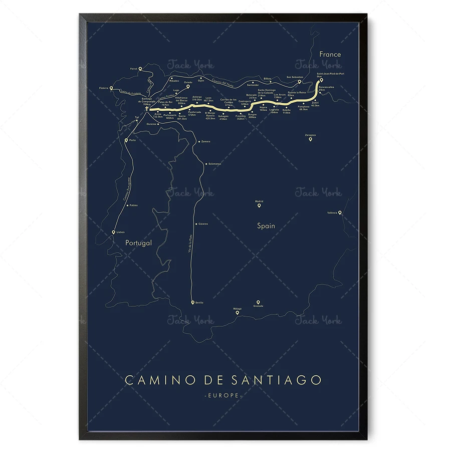 Camino de Santiago Trail Map | Camino Hiking Trail Map | Camino de Santiago Poster | Santiago de Compostela | Trail Map Art