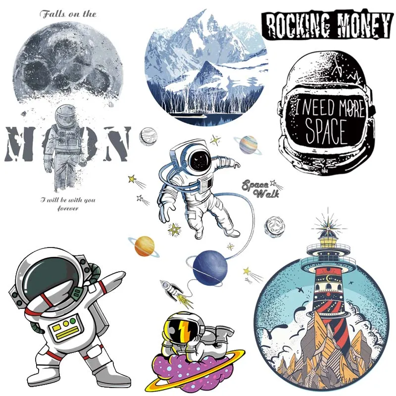 Cartoon Planet Astronaut Applique Heat Thermal Transfer For Clothing Stickers Rocket Spaces Patch Iron-on Transfers For Clothes