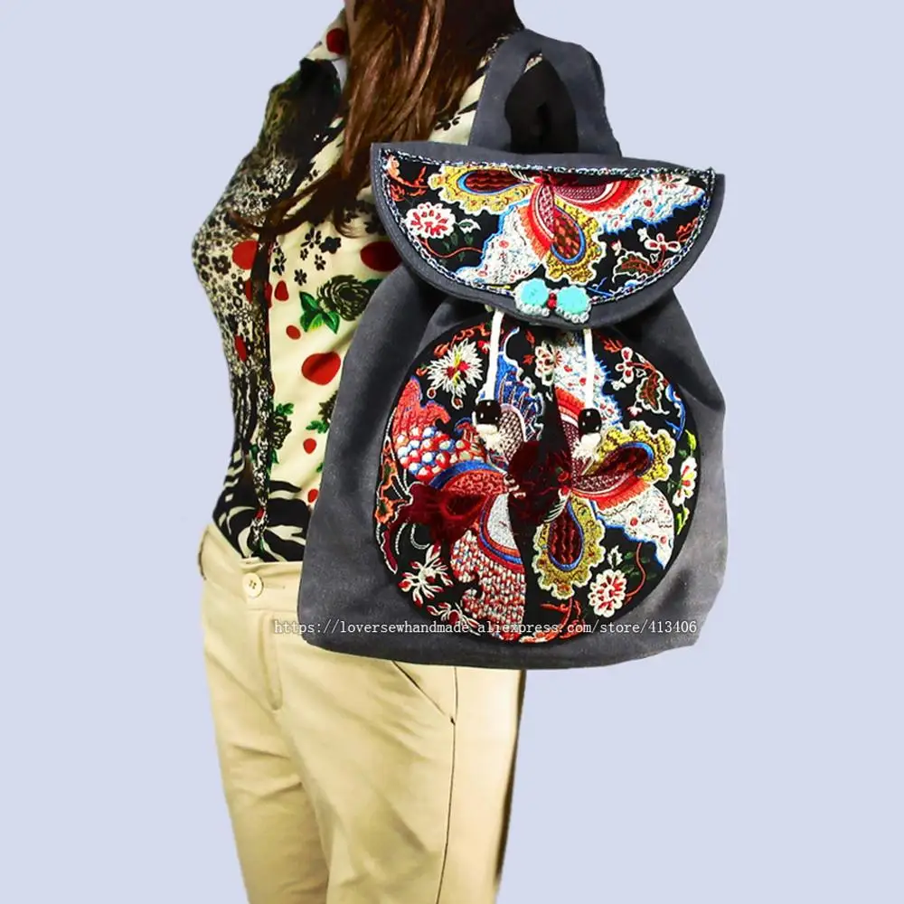 Tribal Vintage Hippie Colorful Travel Backpack Bag For Women Embroidery Pom Charm Hmong Ethnic Bohemian Boho Rucksack SYS-569