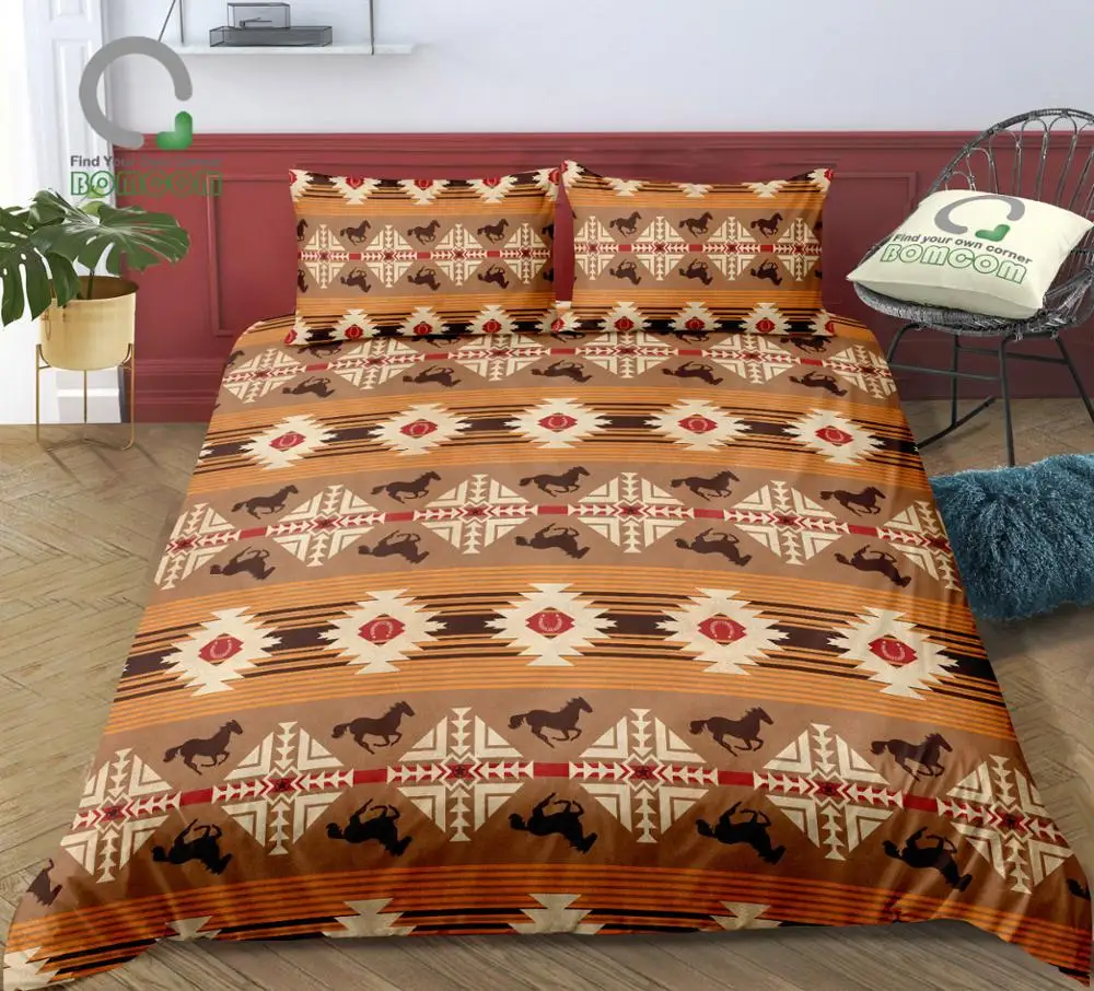 

BOMCOM Digital Printing Bedding Set Western Aztec Indian Pattern Brown Horse Yellow Background Duvet Cover 100% Microfiber