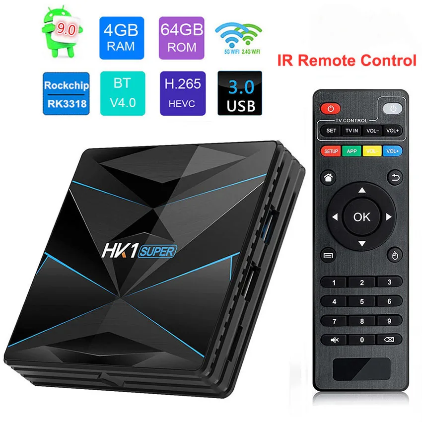 

HK1 Super Android 9.0 TV BOX RK3318 DDR 3 4GB 32GB 64GB 2.4GHz 5GHz Wifi Smart Media Player Support Bluetooth 4K 3D Set Top box