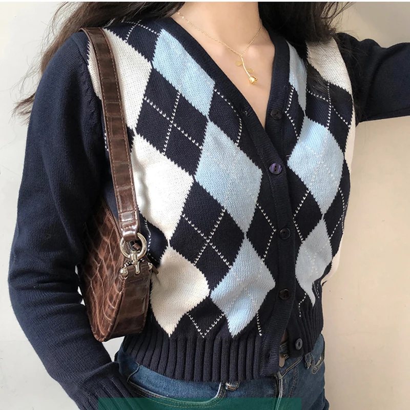 Vintage V-Neck Plaid Long Sleeve Women Sweater 2024 Autumn Winter Short Knitted Cardigan Sweaters Womes England Style Tops