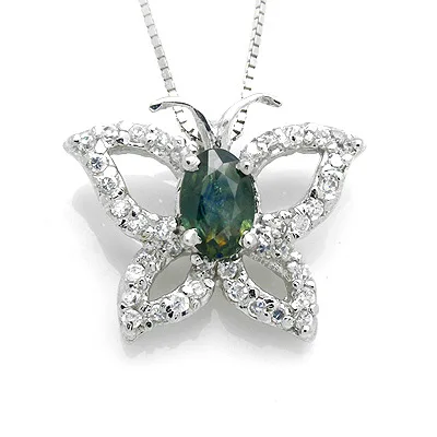 

Classic Silver Butterfly Pendant for Girl 4mm*6mm Blue-green Natural Sapphire Pendant Solid 925 Silver Sapphire Necklace Pendant