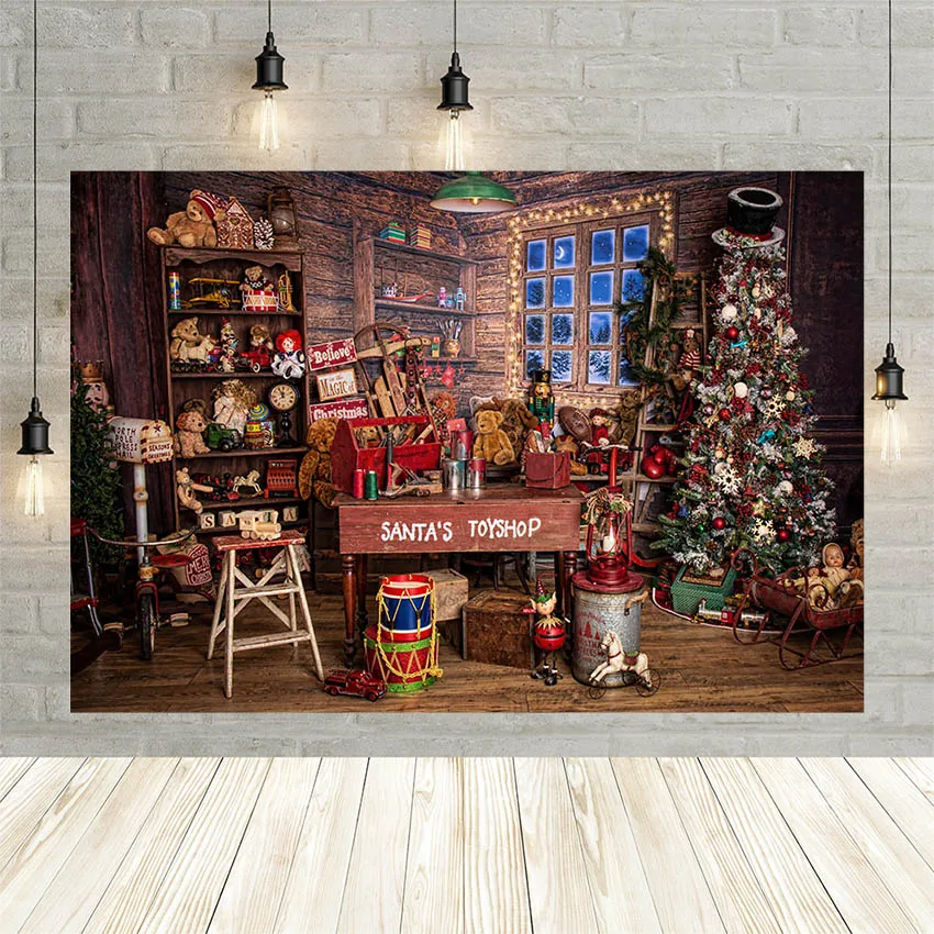 

Christmas Santa's Toy Shop Photography Backdrops Winter Tree Gift Store Window Wooden Wall Photo Background Shoot Studio Decor