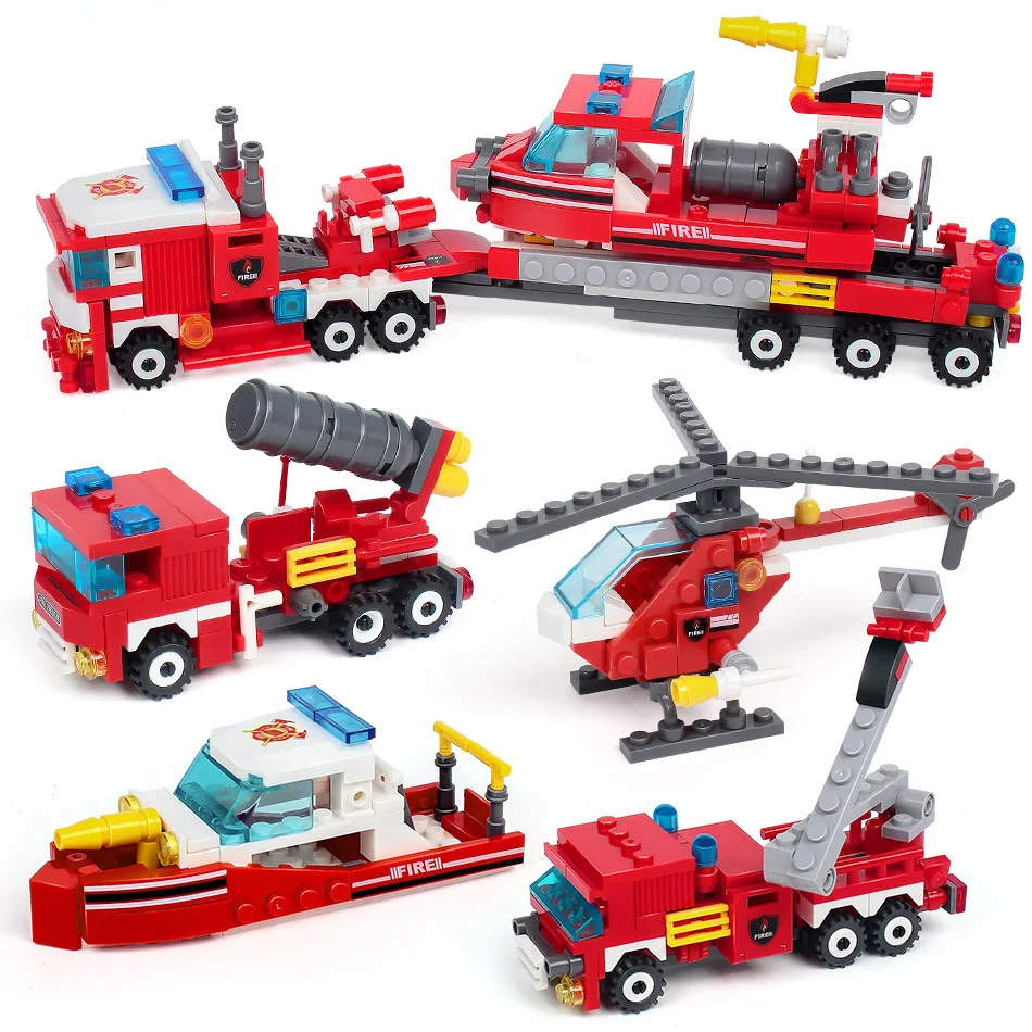 

4in1 Fire Fighting Trucks Car Helicopter Boat Child Toys 348pcs Bricks Assembling Blocks Compatible City Firefighter Toys