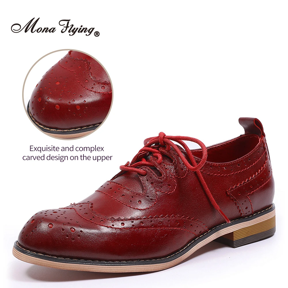 Mona Flying Womens Genuine Leather Wingtips Oxfords Brogue Comfort appartamenti fatti a mano scarpe stringate classiche per donna FLX20-3