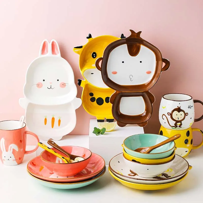 

посуда Children's Bowl Ceramic Cute Animal Cartoon Rice Bowls Breakfast Vajilla Completa De Platos Divided Plate Tableware Set