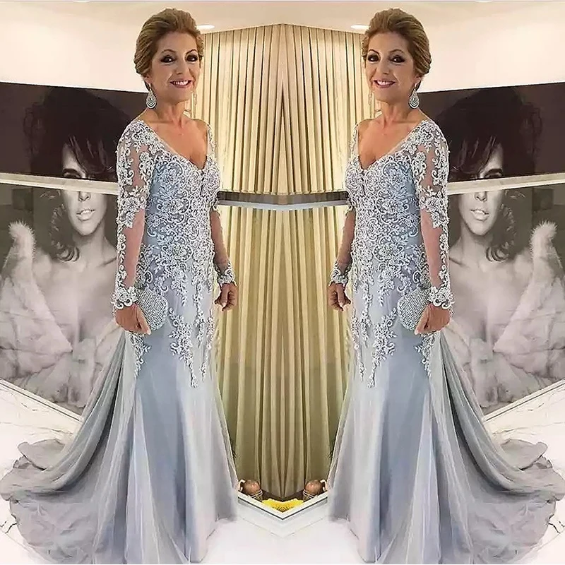 Blue Silver Mother Bride Dresses Long Sleeves 2024 V Neck Floral Godmother Elegant Wedding Party Guest Evening Gowns New