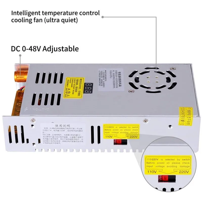 Imagem -05 - Fonte de Alimentação 500w 480w Interruptor Ajustável ac 110 220v para dc 024v 036v 048v Regulador de Tensão Visor Digital Smps para Led