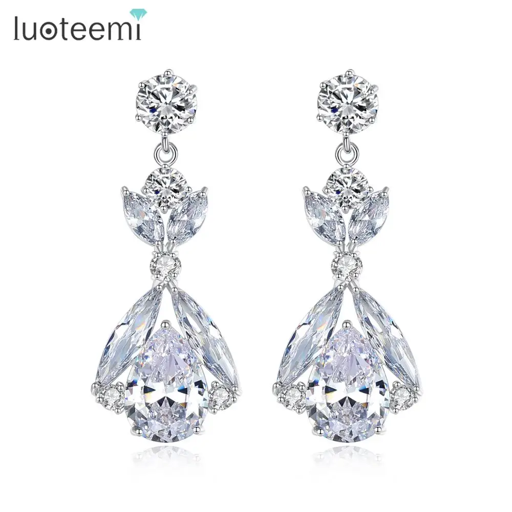 

LUOTEEMI Shiny Big Chandelier Water Drop Dangle Earrings for Women Wedding Banquet Top Clear CZ Bridal Fashion Jewelry Orecchini