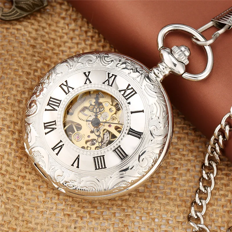 

Luxury Silver Pocket Watch Hollow Double Hunter Vintage Roman Numberal Mechanical Hand Wind Clock Pendant Chian Unisex Gifts