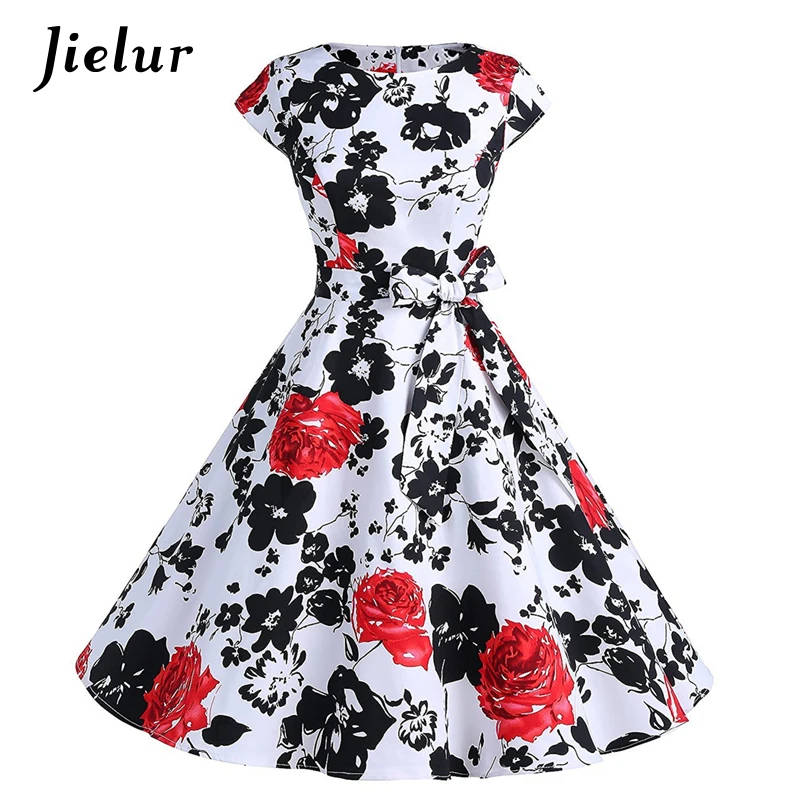 Jielur-Vestido de manga corta con lazo y estampado de flores para mujer, ropa elegante y encantadora con cuello redondo, de algodón y S-XXL, para verano