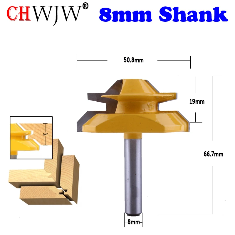 

CHWJW 1PC 8mm Shank Industrial Quality Medium Lock Miter Router Bit with 45-Degree 3/4-Inch Stock woodworking milling cutter