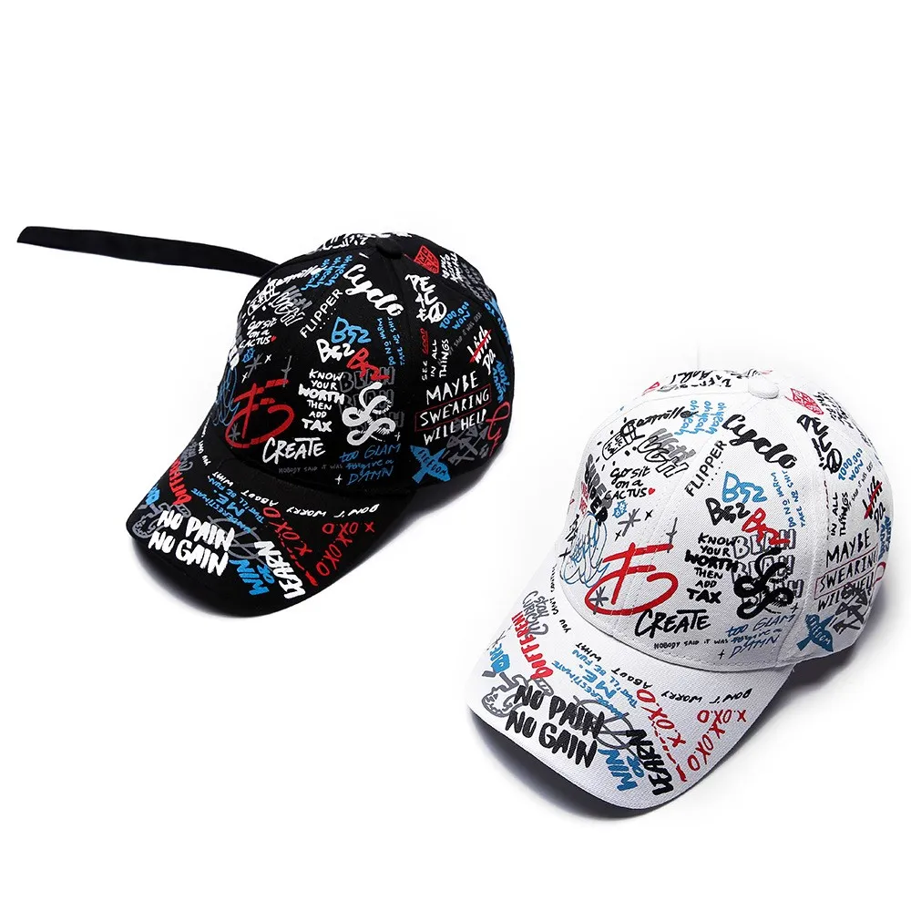 2021 New Fashion Unisex Women Men Hats Adjustable Black White Color Printing Graffiti All-matching Baseball Cap Adjustable