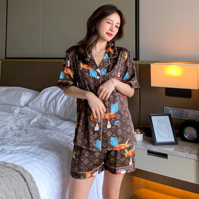 Women\'s Pajamas Set Luxury Style Fashion Poker Pattern Short Sleeve Couple Sleepwear Silk Like Leisure Home Clothes Nightwear