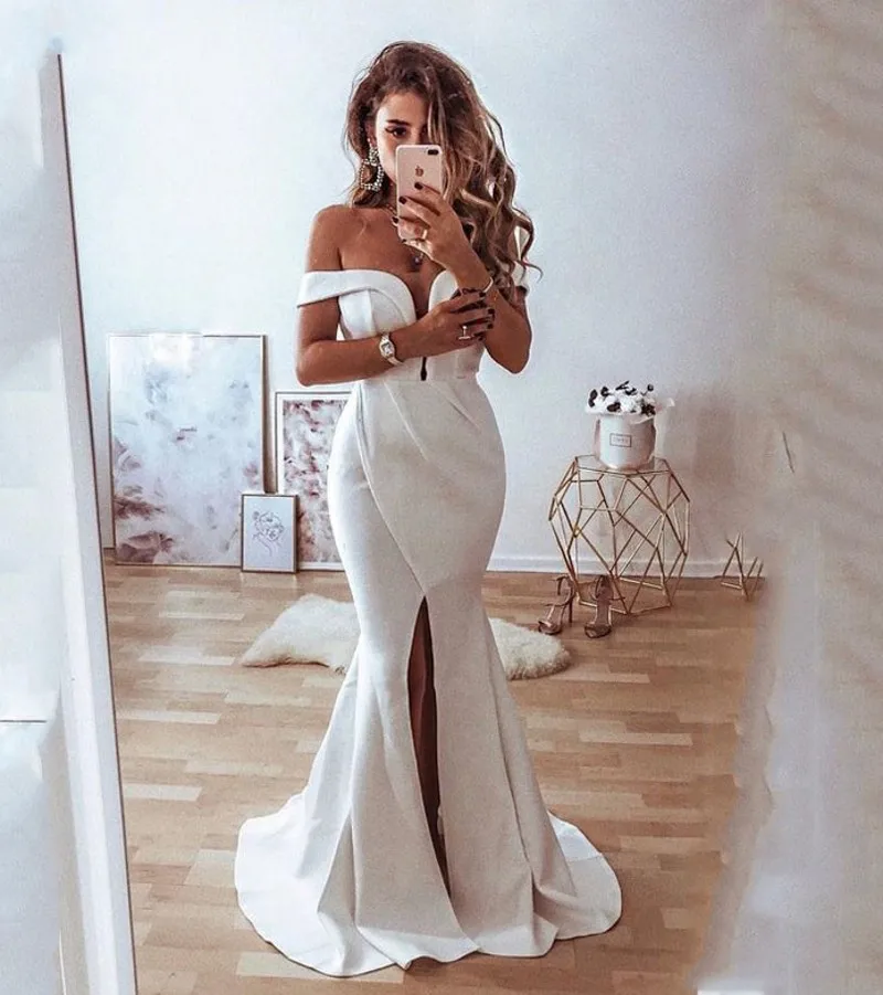 Novo boho sereia longo cetim vestido de casamento 2021 frente dividir o ombro sexy vestido de noiva com decote em v vestidos de novia