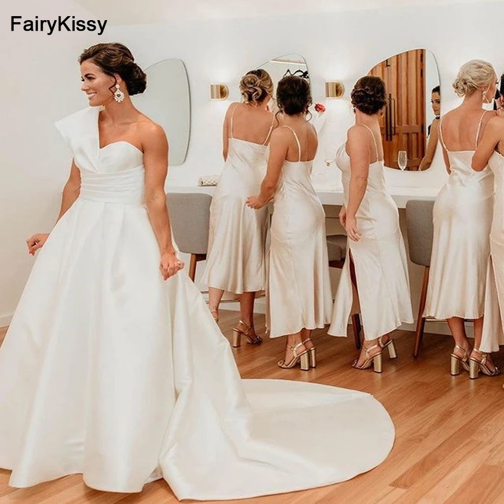 FairyKissy Simple Stain A Line Wedding Dress One Shoulder Sleeves Sweep Train Dubai Women Bride Gowns Custom Bridal Dresses