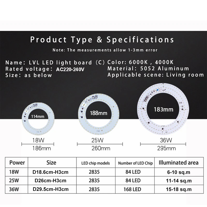 Módulo LED de 18W, 25W, 36W, lámpara circular sin parpadeo, CA 220V, 230V, para fuente de luz de techo, tubo redondo de repuesto Led