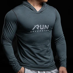 Gym Men T Shirt Long Sleeve Slim Tops Tees elastic T-shirt Sports Fitness Autumn winter comfort breathable Quick dry Hooded