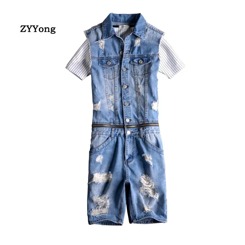 Summer Sleeveless Lapel Overalls Men's Denim Jumpsuit Hole Hip-Hop Ripped Waist Detachable Jeans Casual Shorts Blue Pants