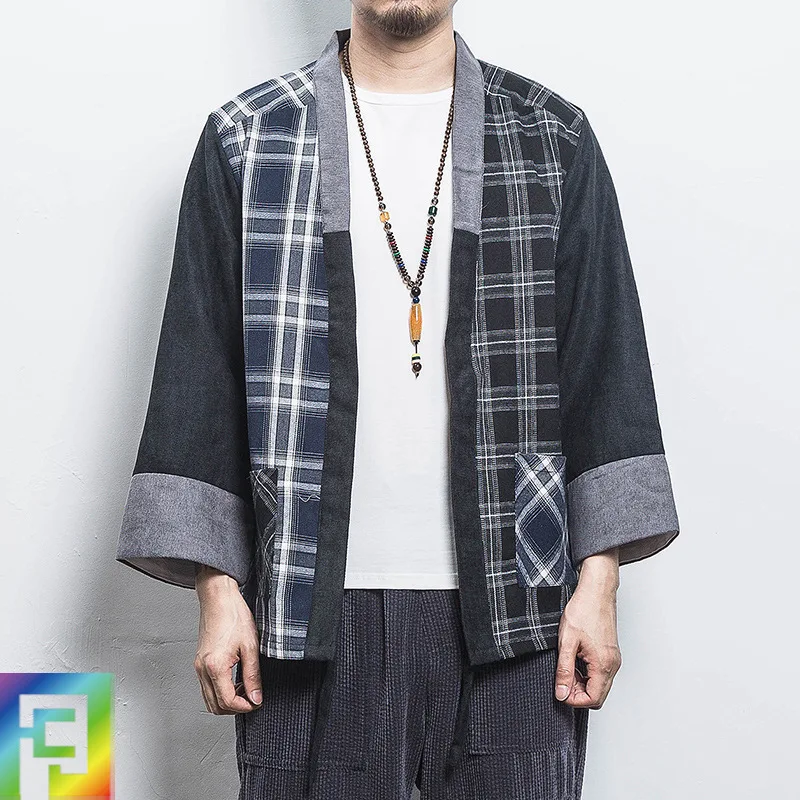 New Japanese Men Cotton Plaid Cardigan Japan Haori Outterwear Hanten Coat Fashion Male Samurai Kimono Yukata  Clothes