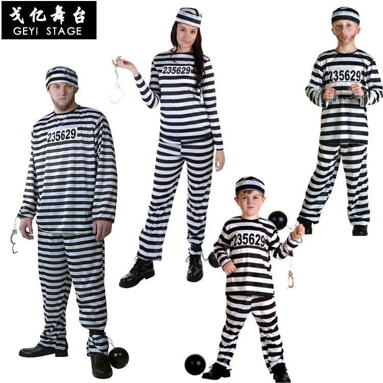 

Carnival Party Halloween Prisoner Costume for Men Women Kids Child Family Violent Prisoner Costumes Fancy Dresses Set