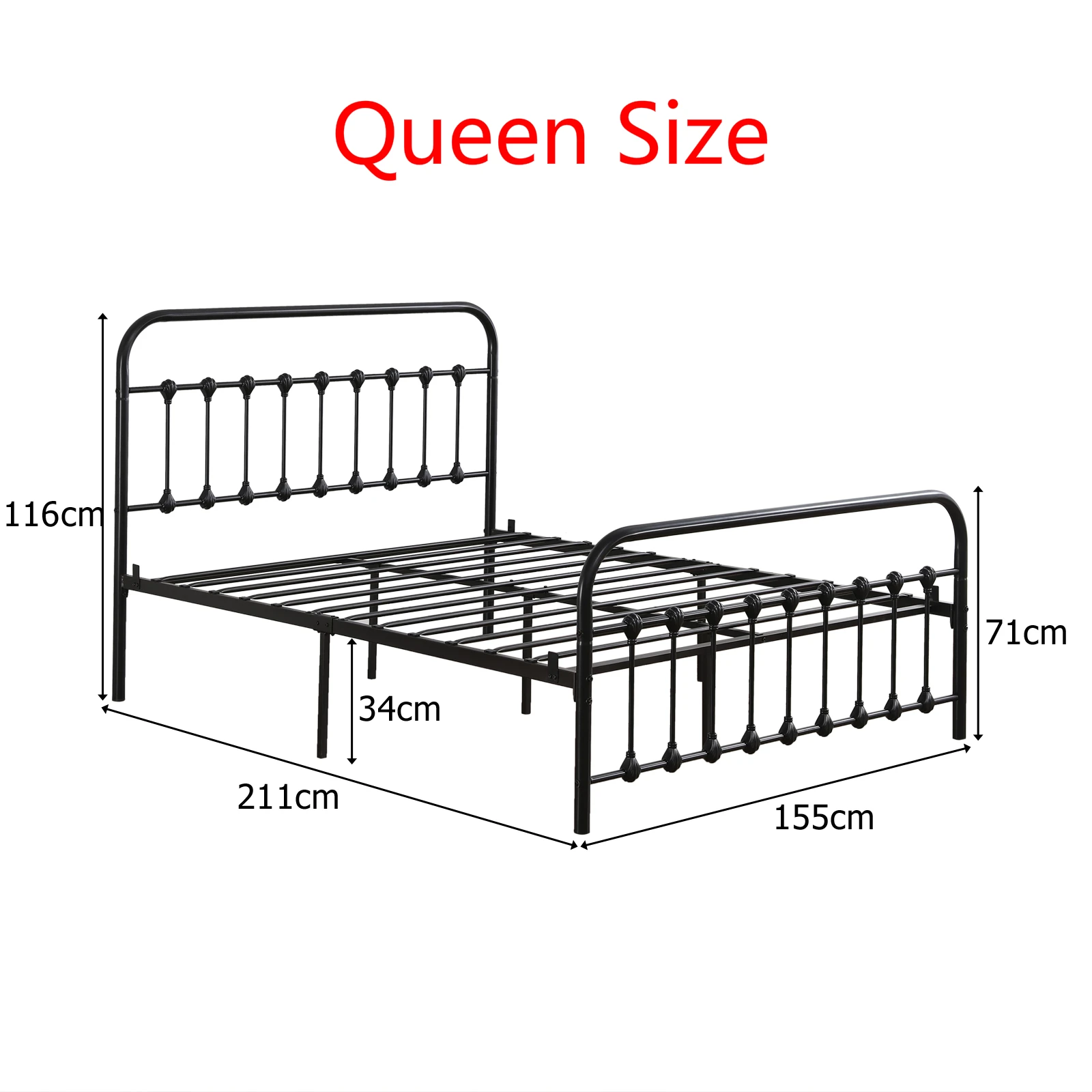 Queen/Full/Twin 3 Sizes Iron Bed Single-Layer Curved Frame Bed Head&Foot Tube with Shell Decoration Black [US-Stock]