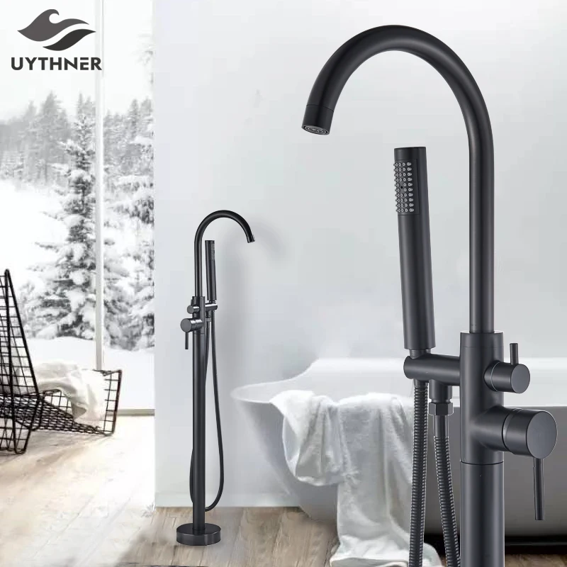 Uythner Freestanding Bathtub Faucet Set Floor Standing Bath Mixer Tap Dual Handle Black Bathtub Tap For Bathroom Faucets