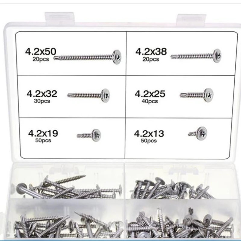 210PC Wood Self Drill Tapping Screw Kit Phillips Flat Round Head Drill Tail Screw M4.2 Countersunk Head Cross DrillingTail Screw