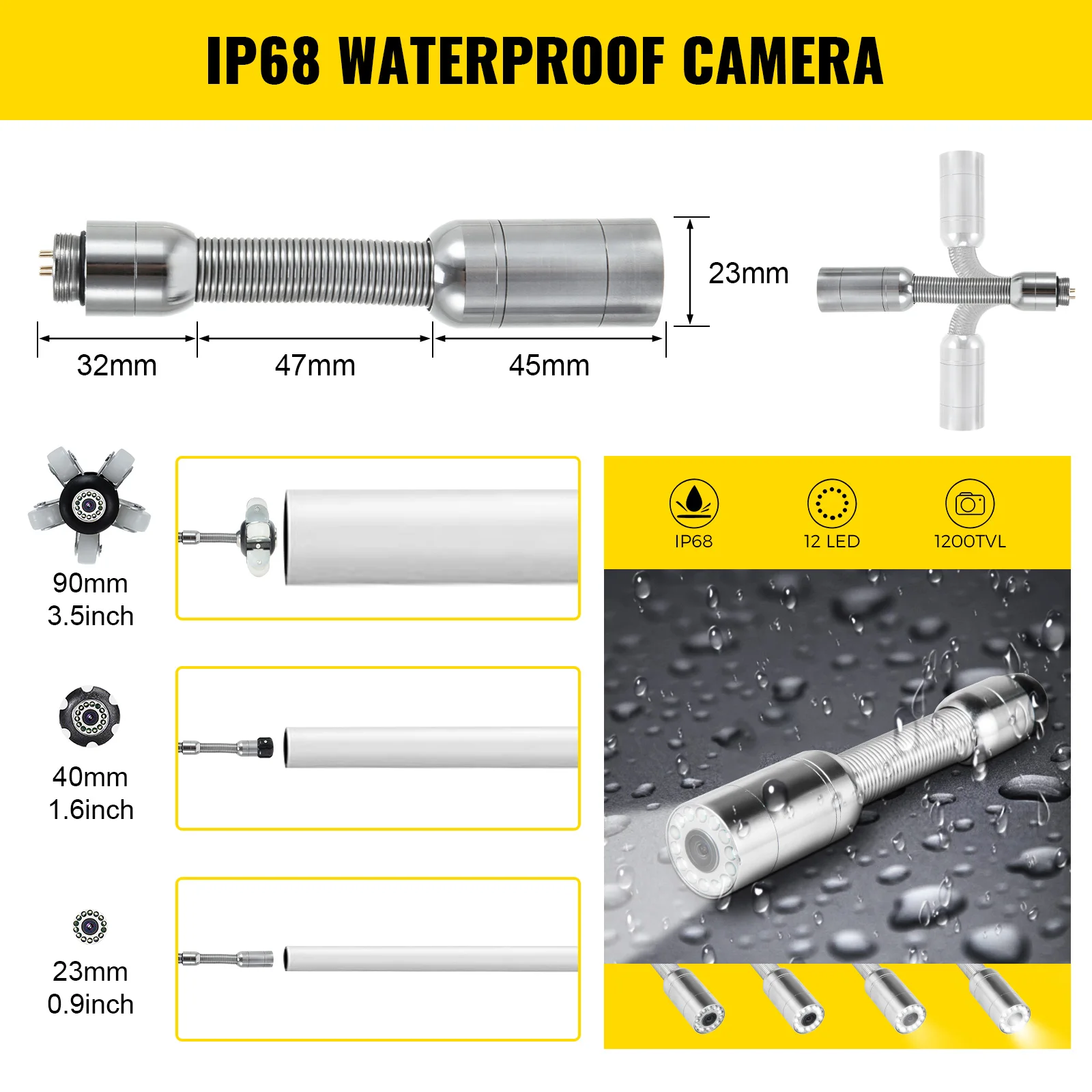 Videocamera per ispezione tubi VEVOR Monitor 9in 100-300FT scheda SD da 8GB 23mm impermeabile IP68 scarico condotto fognario endoscopio industriale