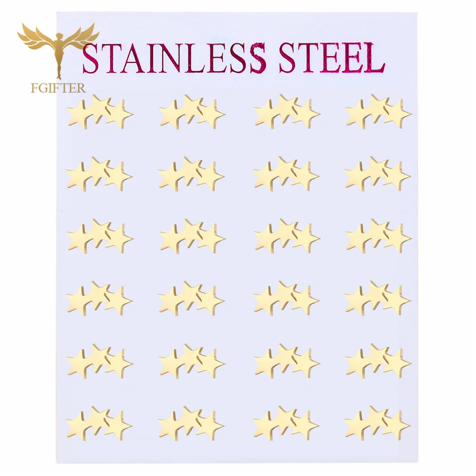 12 Pairs Trendy 3 Star Earrings Wholesale Stainless Steel Stud Earings Set for Women Jewelry Oorbellen Gifts Golden Silver Color