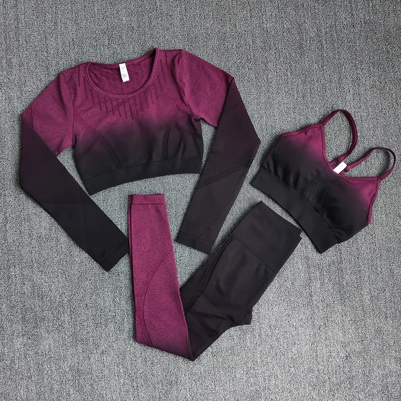 Conjunto de Yoga degradado para mujer, Top corto de manga larga, Sujetador deportivo, mallas sin costuras, ropa de gimnasio, ropa deportiva para