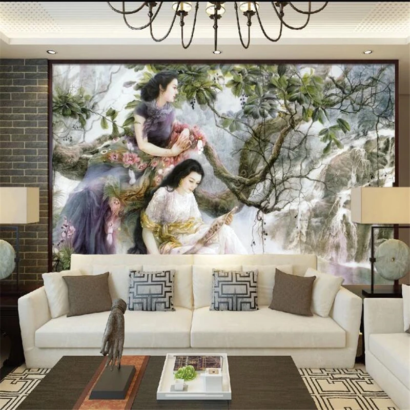 

beibehang Customized large-scale mural environmental protection hand-painted beauty Chinese TV sofa background wallpaper